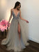 Long Backless Grey Sexy Dresses with Slit Rhinestone See Through Prom Dress DPB121