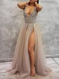 Long Backless Grey Sexy Dresses with Slit Rhinestone See Through Prom Dress DPB121