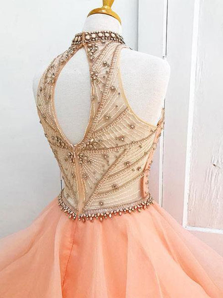 Long Prom Dress Ball Gown High Neck Beaded Organza Dresses DPB1015