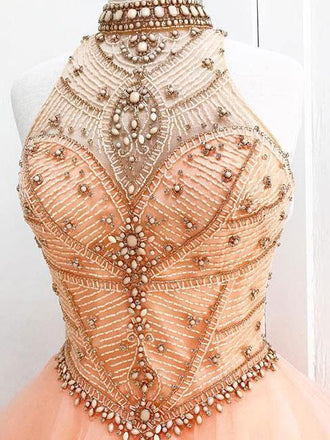 Long Prom Dress Ball Gown High Neck Beaded Organza Dresses DPB1015