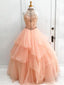 Long Prom Dress Ball Gown High Neck Beaded Organza Dresses DPB1015