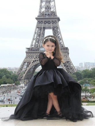 Beautiful Long Sleeves Black High Low Flower Girl Dresses. GTE2114