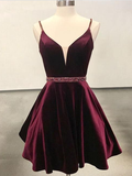 Simple Spaghetti Strap V Neck Open Back A Line Short Homecoming Dress, BTW183