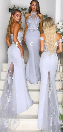 Mismatched Lace Appliuqe Lilac Elastic Satin Mermaid Bridesmaid Dresses,DB123