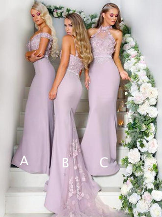 Mismatched Lace Appliuqe Lilac Elastic Satin Mermaid Bridesmaid Dresses,DB123