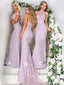 Mismatched Lace Appliuqe Lilac Elastic Satin Mermaid Bridesmaid Dresses,DB123