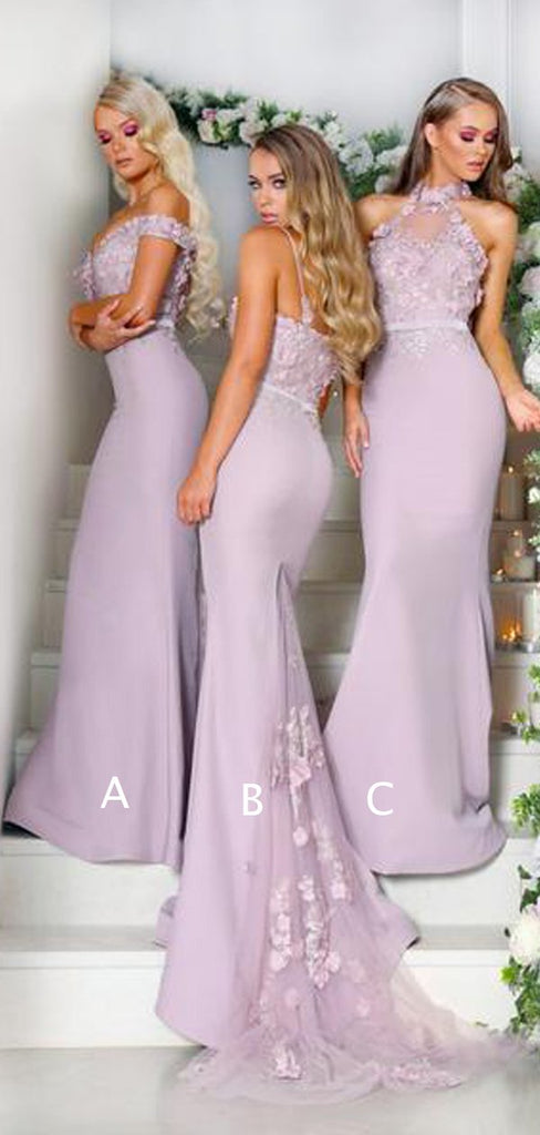 Mismatched Lace Appliuqe Lilac Elastic Satin Mermaid Bridesmaid Dresses,DB123