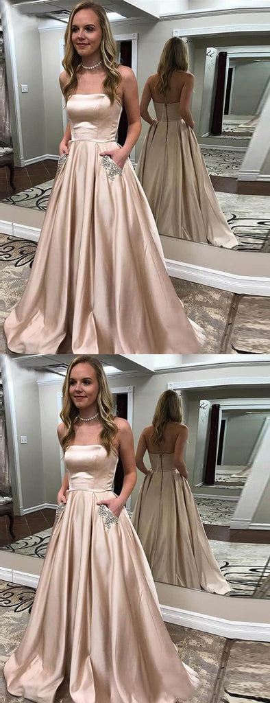 Nude Satin Beaded Pockets Strapless Ball Gown Sweet-16 Prom Dresses, DB1124