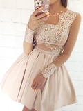 Elegant Square Neckline Long sleeves Lace Top A Line Short Homecoming Dress, BTW180