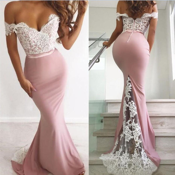 Off the Shoulder Lace Top Mermaid Long Bridesmaid Dresses MD310