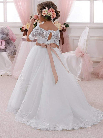 Off the Shoulder Short Sleeves Cheap Flower Girl Dresses, GTE2118