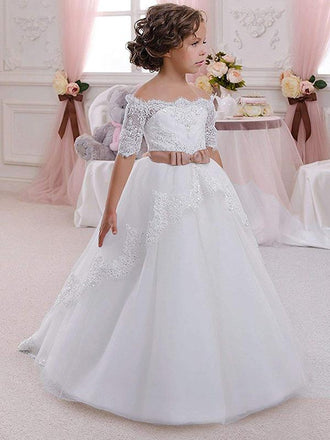 Off the Shoulder Short Sleeves Cheap Flower Girl Dresses, GTE2118