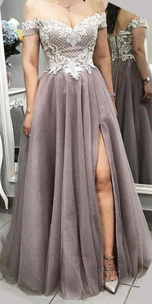 Off the Shoulder Side Slit A Line Lace Tulle Prom Dresses,DPB3110