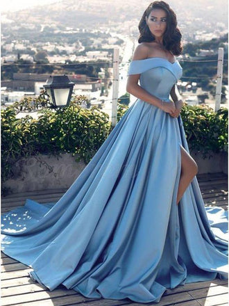 Off the Shoulder Simple Cheap Satin Slit Long Prom Dresses DPB124
