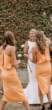 Orange Spaghetti Strap V-neck Knee Length Summer Wedding Bridesmaid Dresses ,PB1072