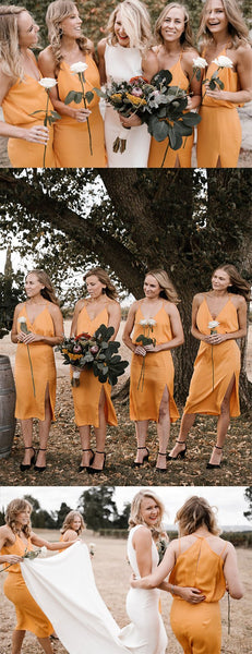 Orange Spaghetti Strap V-neck Knee Length Summer Wedding Bridesmaid Dresses ,PB1072