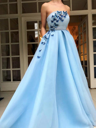 Pale Blue Satin Strapless Butterfly Applique Prom Dresses, DB1096