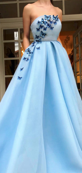 Pale Blue Satin Strapless Butterfly Applique Prom Dresses, DB1096