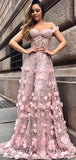 Pink Lace Applique Off Shoulder Illusion Prom Dresses, DB1101