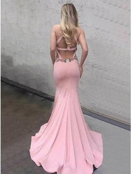 Pink Satin Applique Halter Mermaid Prom Dresses, DB1078
