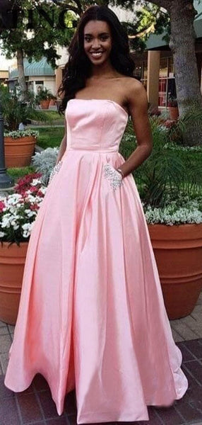 Pink Satin Beaded Pockets Strapless Ball Gown Sweet-16 Prom Dresses, DB1127