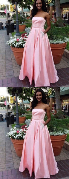 Pink Satin Beaded Pockets Strapless Ball Gown Sweet-16 Prom Dresses, DB1127