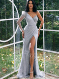 Sexy One shoulder V-neck Side slit Sheath Prom Dresses,SW1658