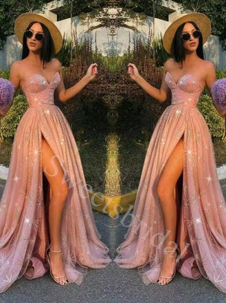Sexy Sweetheart sleeveless Side slit A-line Long Prom Dresses,SW1605