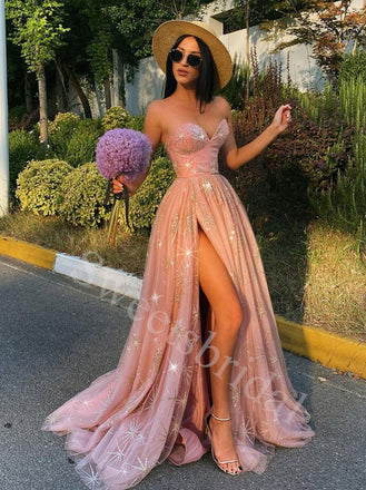 Sexy Sweetheart sleeveless Side slit A-line Long Prom Dresses,SW1605