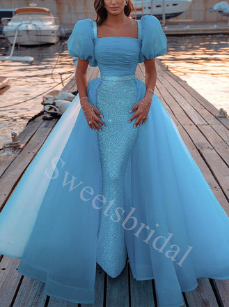 Blue Elegant Square Short sleeves Mermaid Prom Dresses,SW1576