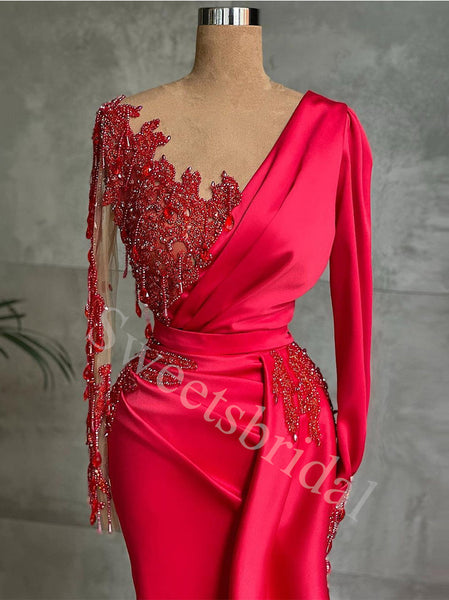 Red Sexy Deep V-neck Long sleeves Sheath Prom Dresses,SW1568