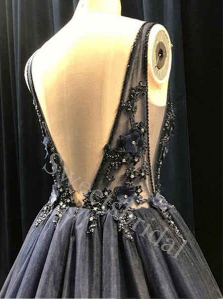 Black Sexy V-neck Sleeveless A-line Prom Dresses,SW1579