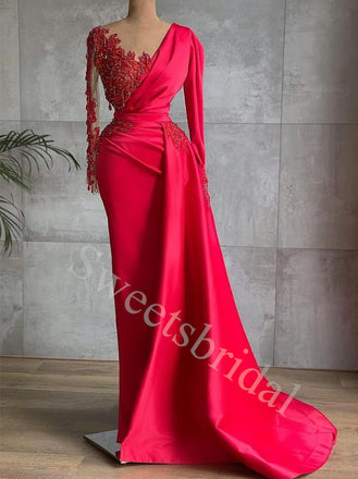 Red Sexy Deep V-neck Long sleeves Sheath Prom Dresses,SW1568