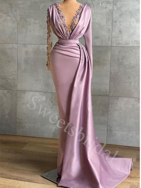 Sexy Deep V-neck Long sleeves Sheath Prom Dresses,SW1567