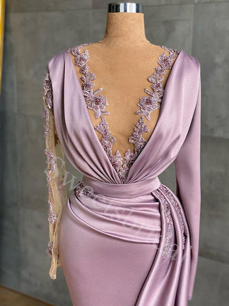 Sexy Deep V-neck Long sleeves Sheath Prom Dresses,SW1567