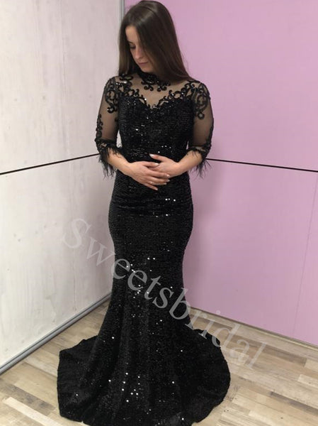 Black Elegant Long sleeves Mermaid Long Prom Dresses,SW1600