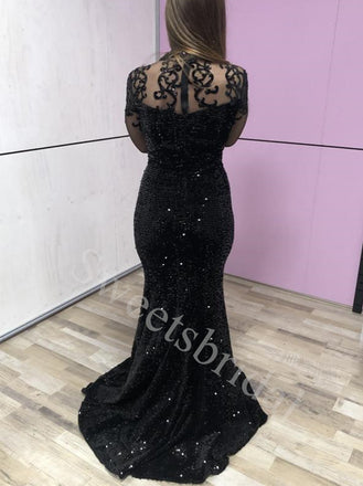 Black Elegant Long sleeves Mermaid Long Prom Dresses,SW1600