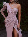 Elegant One shoulder Sweetheart Side slit Sheath Long Prom Dresses,SW1596