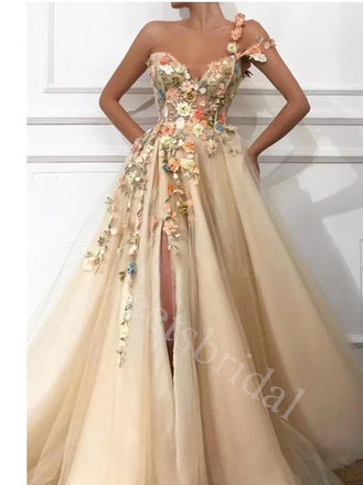 Elegant Sweetheart One shoulder Side slit  A-line Prom Dresses,SW1634