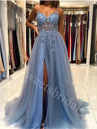 Sexy V-neck Spaghetti straps Side slit A-line Long Prom Dresses,SW1617