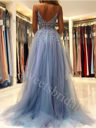 Sexy V-neck Spaghetti straps Side slit A-line Long Prom Dresses,SW1617