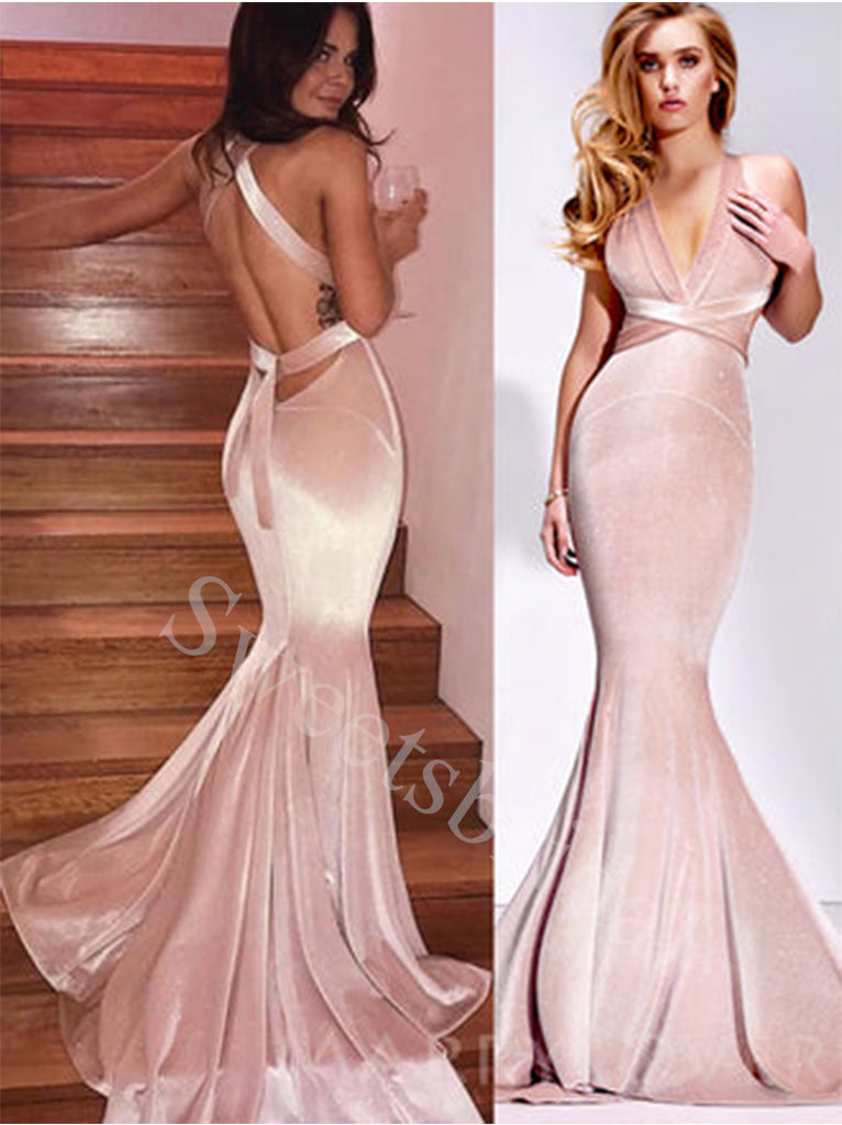 Sexy V-neck Sleeveless Mermaid Long Prom Dresses,SW1611