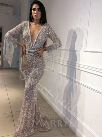 Sexy Deep V-neck Long sleeves  Mermaid Prom Dresses,SW1580