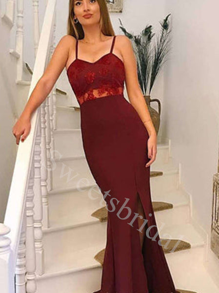Elegant Spaghetti straps Sise slit Mermaid Prom Dresses,SW1675