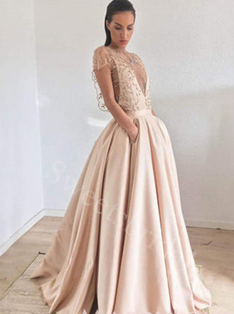 Sexy Deep V-neck Cap sleeves  A-line Prom Dresses,SW1564