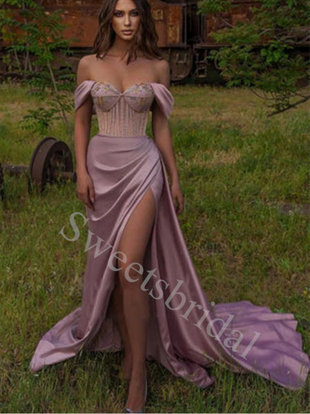 Elegant Off shoulder Sweetheart Side slit  Sheath Long Prom Dresses,SW1615