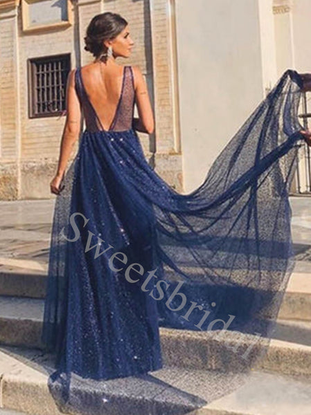 Elegant V-neck sleeveless  A-line Long Prom Dresses,SW1604
