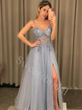 Elegant V-neck Side slit  A-line Long Prom Dresses,SW1628
