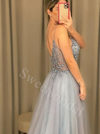 Elegant V-neck Side slit  A-line Long Prom Dresses,SW1628