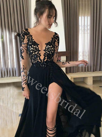 Elegant V-neck Long sleeves Side slit A-line Long Prom Dresses,SW1629
